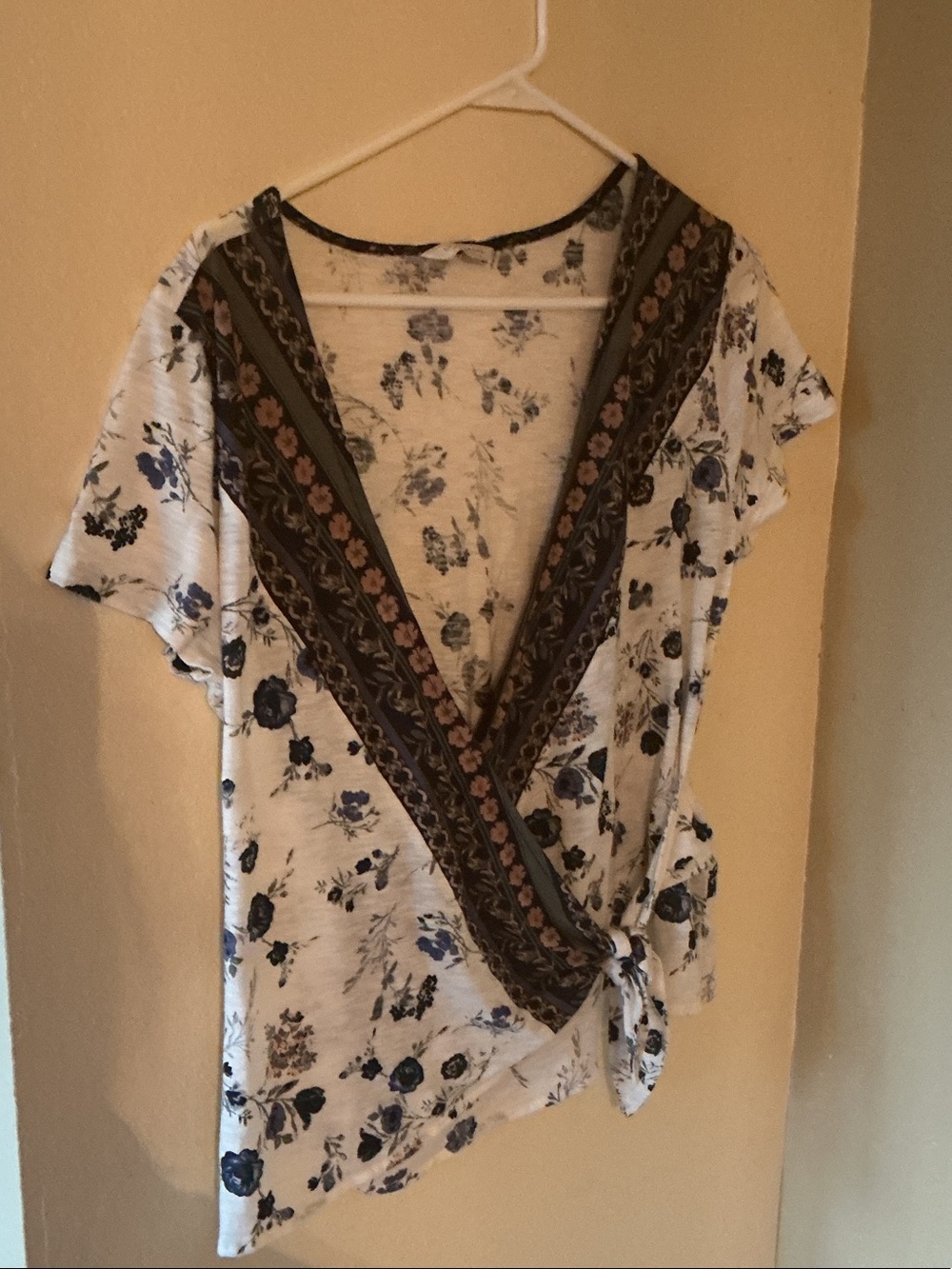 Lucky Brand Floral Wrap-Style Short Sleeve Top in White and Blue